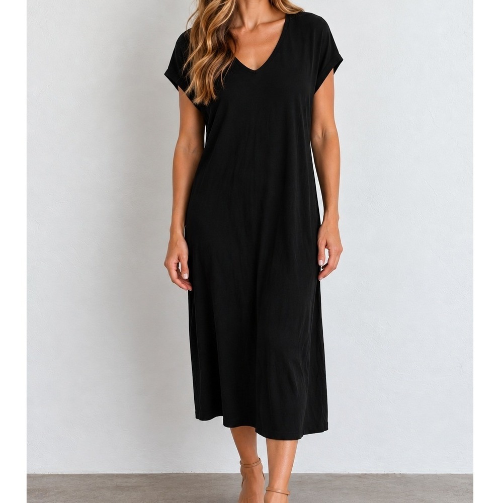 Eileen Fisher Jersey V-Neck Midi Dress Quiet Luxury Old Money Preppy Brunch Chic